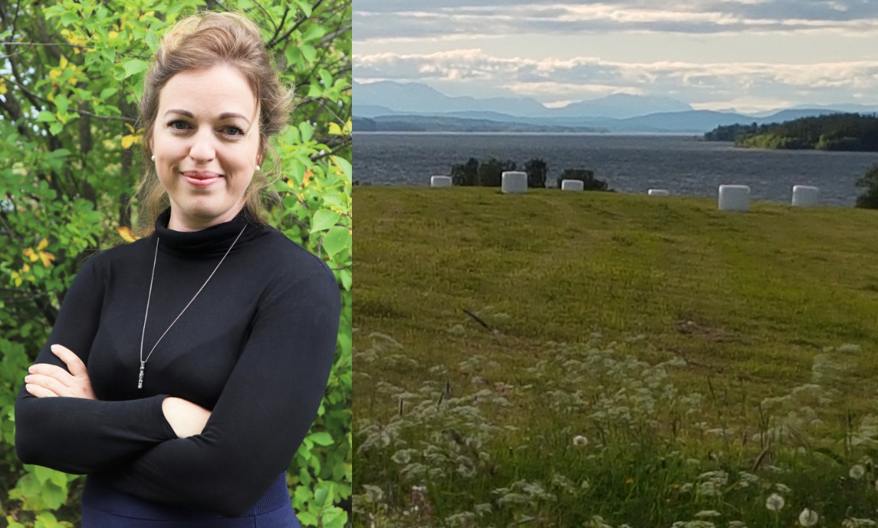 Beatrice Ramnerö bredvid en bild av ett norrländska landskap med ängar och fjäll.
