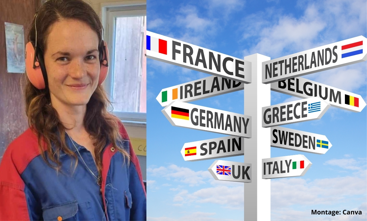 En flicka med hörselkåpor bredvid en skylt med pilar som pekar mot länderna Frankrike, Nederländerna, Irland, Belgien, Tyskland, Grekland, Spanien, Sverige, Storbritannine och Italien.